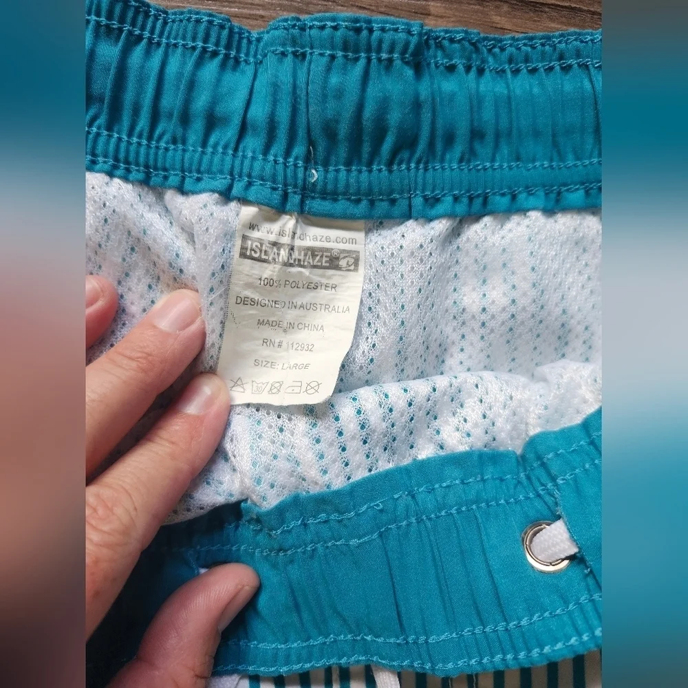 Islandhaze Aqua and White Striped Board Surfer Swim Trunks